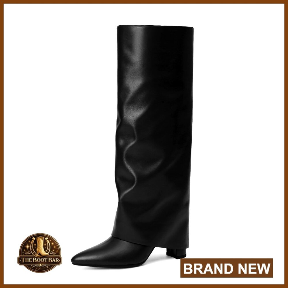 Knee High Boots Fold Over Chunky Heel Zipper Pointed Toe Pu Leather